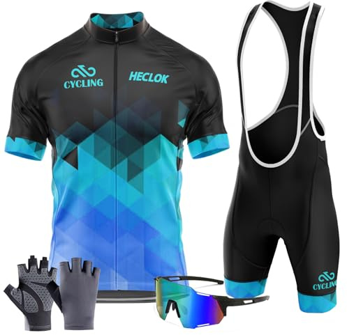 Herren Radtrikot Set Kurzarm – Atmungsaktiv, Gel-Polster, für Rennrad | Gel-Sitzpolster, atmungsaktiv, schnelltrocknend, Jersey mit 3 Taschen, Shorts mit Trägern, für Rennrad geeignet