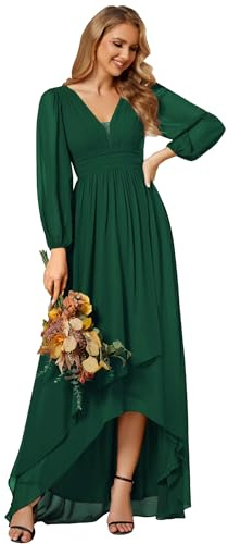 Ever-Pretty Women's Double V-Neck Sheer Long Sleeves High-Low Chiffon A-Line Evening Dresses 02043