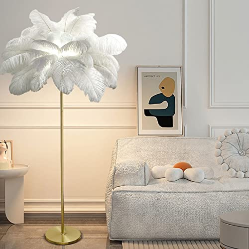 YQGOO Stehlampe Federlampe mit Straußenfedern, 63IN Dimmbar Gold Palmen Lampe für Wohnzimmer und Schlafzimmer mit Fußschalter (White)