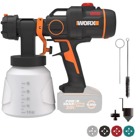 WORX WX020.9 20 volts färgpistol med hastighetsjustering + 4 ersättningsmunstycken (utan batteri)