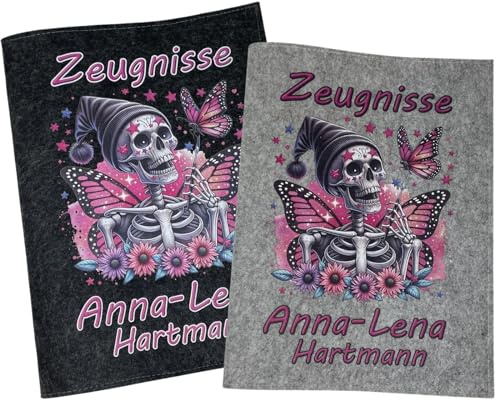 Zeugnismappe mit Namen - Mädchen und Jungen - Personalisiert Filz A4 Skulls Pink - Dokumenten Urkunden Mappe Kinder - Hefter Zeugnisse - Sichtbuch Grundschule