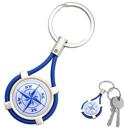 Porte-clés élégant et durable en acier satiné avec rose des vents en résine 3D, cordon en caoutchouc bleu, anneau renforcé pour clés, étui noir, unisexe pour voiture moto homme femme, bleu, Taille