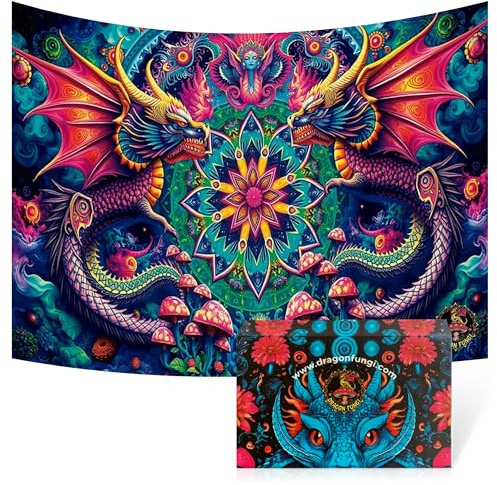 Dragon Fungi – Tapiz psicodélico reactivo a luz negra UV – Diseño dragón/hongos, decoración bohemia para dormitorios y eventos – 200x150 cm