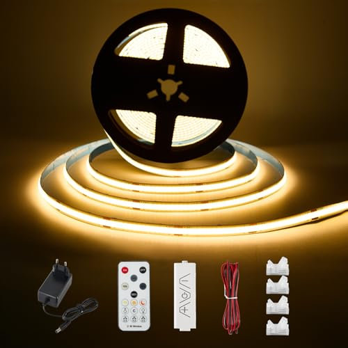 Enteenly COB LED Strip Warm White 3 Meters, Under Cabinet Light Strip Kit with RF Remote Control for Display Case, Kitchen, Desk, Shelf, Cupboard, with 24V Adapter, 2700K