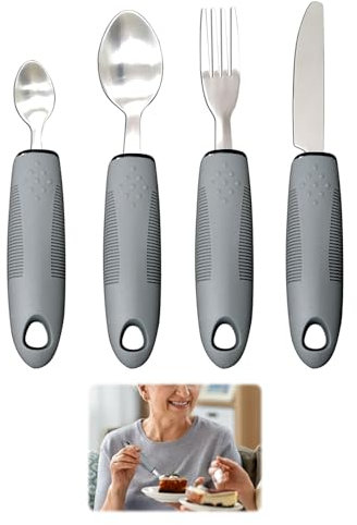 Easy Grip Cutlery, 4 Pcs Wide Straight Handles Adaptive Cutlery with Knife Fork Spoon, Cutlery for Arthritic Hands,Cutlery for Disabled Hands, Parkinsons Cutlery for Adults Elderly Ideal Dining Aids