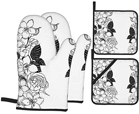 Topflappen Und Topflappen Set Von 4 Blumentapete Großes Finale Grillhandschuhe Mit Innere Baumwollschicht Backhandschuhe Doppelschicht Topfhandschuhe, Für BBQ, Küche, Grillen