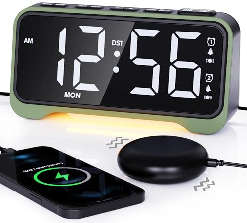 ROCAM Digitaler Wecker Laut für Tiefschläfer, Großen Zahlen mit Wochentag | 3 Vibrationsstufen, 5 Lautstärken, Doppelalarm, 3 Weckzyklen, Großen Zahlen, Nachtlicht, Snooze, DST,USB, Ideal für Gehörlose