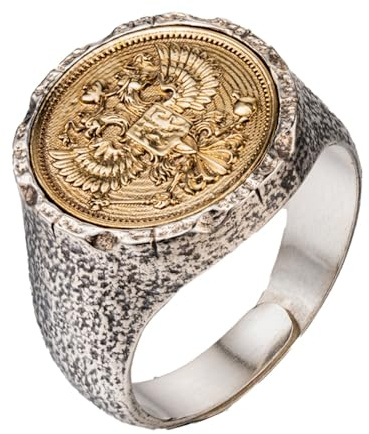 Retro 925 Sterling Silber Doppelkopf Adler Ring Russisches Emblem Siegelring für Herren Damen Goldton Offen Verstellbar