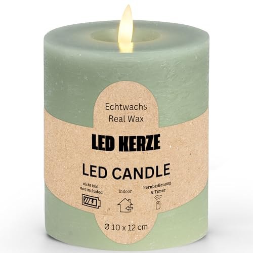 LED Stumpenkerze aus Echtwachs mit Timerfunktion & Fernbedienung - Kerze realistisch flackernde Flamme warmweiß Ø 10 x 12 cm - Elektrische Wachskerze Salbeigrün als gemütliche Tischdeko