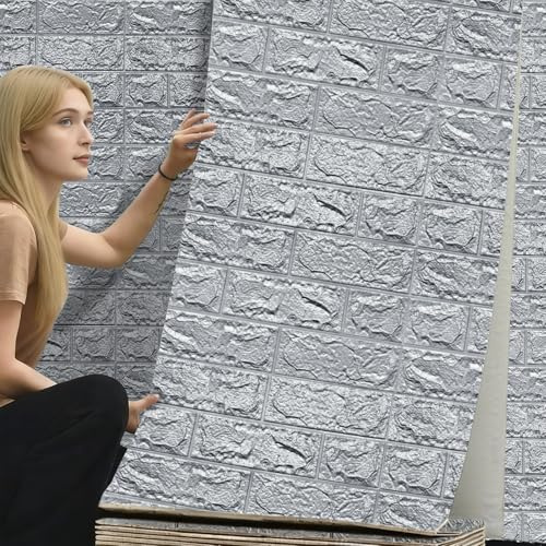 3D Wandpaneele Selbstklebend 70 cm x 5 M - Tapete Steinoptik Tapete Ziegel, Wasserdicht Wandaufkleber Ziegelstein, Wandtapete für Küche Schlafzimmer, Wohnzimmer, Hintergrund TV-Decor (Grau, 5 M)