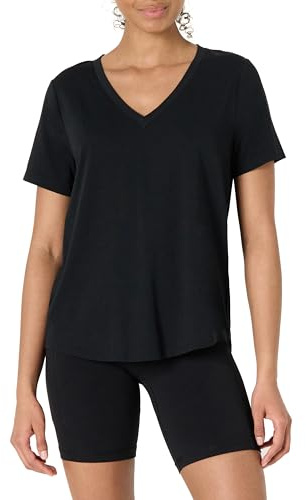Amazon Essentials Women's Relaxed Fit Active Soft Cotton Lightweight V-Neck Short Sleeve Curved Hem T-Shirt, Black, S