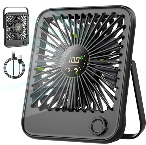 Dealswin Tischventilator Sehr Leise Stufenlos 1-100 Regler mit LED-Anzeige USB Ventilator Kleiner Tragbarer 3600mAh Akku Mini Ventilator für Schlafen, Büro, Heim, Im Freien, Küche, Reisen（Schwarz）