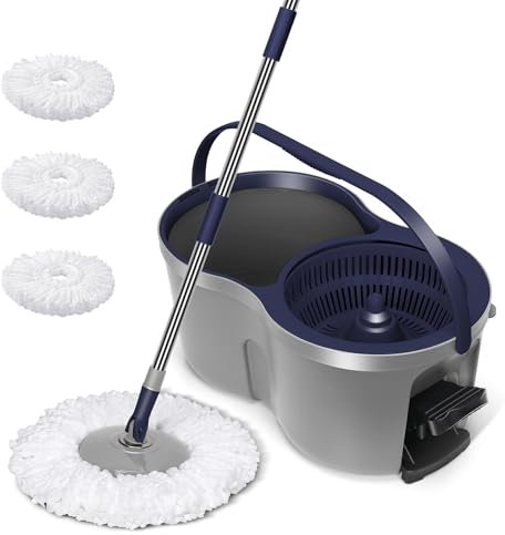 MASTERTOP Seau Essoreur à Pédale et Balai à Franges en Microfibre, Balai Serpillère Rotatif à 360° et Seau avec Manche Long pour Nettoyage de Sol, 3 Tampons