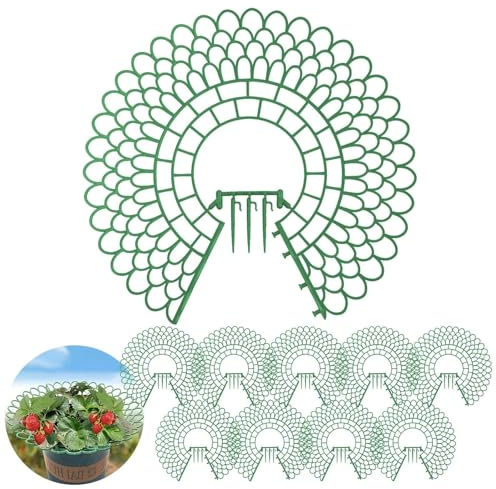 txuzong Soportes para Fresas 10 Piezas, Soporte de Cultivo en Plástico Verde - Rejillas en Forma de Pétalo con Patas Ajustables para Plantas de Fresas y Tomates