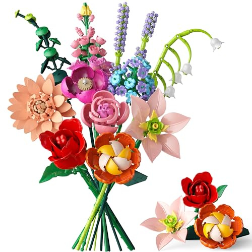 Bouquet de Fleur Plantes Construction, 762 PCS 12 Styles Eternal Artificielles Flowers, Cadeaux pour Noël Enfants, Saint-Valentin pour Homme ou Femme, Adultes, Fête des Mères