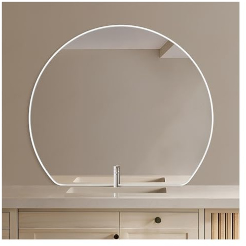 XUQQU Specchio da Bagno A Mezzaluna, Specchio da Parete Moderno con Cornice in Metallo, Specchio da Trucco Semicircolari da Appendere per Soggiorno, Camera da Letto(Bianco,70cm/27.5in)