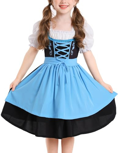Dirndl Girls German Dirndl Dress Costumes for Bavarian Oktoberfest Traditional Dress with Apron for Halloween Carnival Traditional Costume Children's Girls Dirndls Halloween (Blue-f, 8-10 Years)