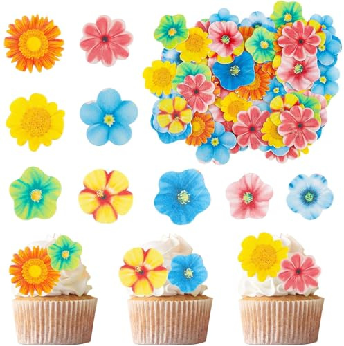 80PCS Edible Flowers for Cakes, Cake Decorations Flowers, Edible Flowers Cake Decorations for Wedding, Birthday, Tropical Luau Themed Events