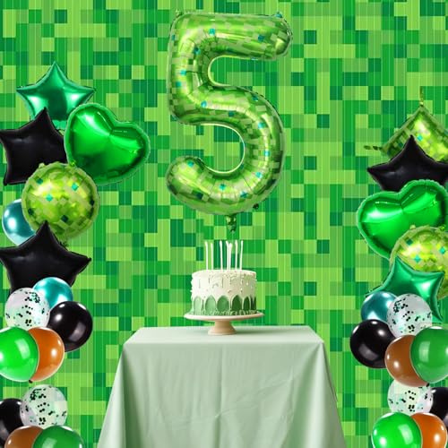 38pz Set Palloncini Pixel, Palloncini Lamina con Forme Rotonde Quadrate Cuore Stella Numeriche e Sfondo Decorativo Tenda Antipioggia Articoli Feste Tema Gioco per Bambini e Adulti (Numero 5)