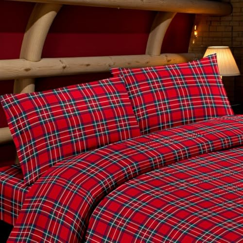 Tex family Completo Lenzuola Flanella Tartan Rosso - 100% Cotone Felpato - Caldo Invernale Made in Italy - Una Piazza