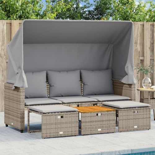 Runheo 3-Sitzer Outdoor-Sofa mit ausziehbarem Dach, Grau Poly Rattan Gartenmöbel Set, inklusive 2 Hockern und Tisch, UV-beständig, pflegeleicht