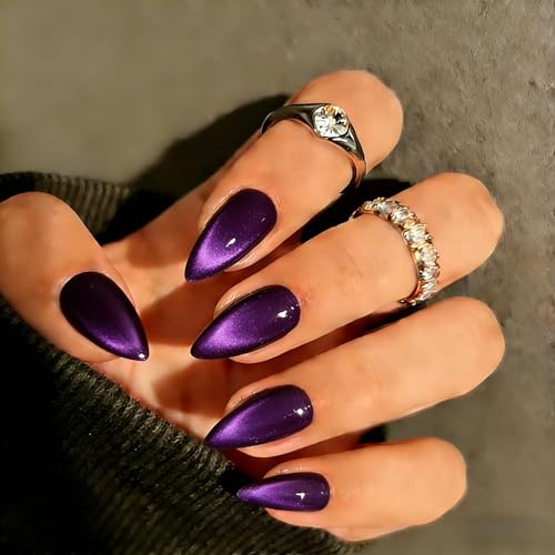 KQueenest Press On Nails Almond - Cat Eye Lila Künstliche Nägel zum Aufkleben Schwarz, 30 Stück 15 Größen Chrome Fake Nails Press ons Mittel Mandel, Wiederverwendbar Glänzend Acryl Nägel für Damen
