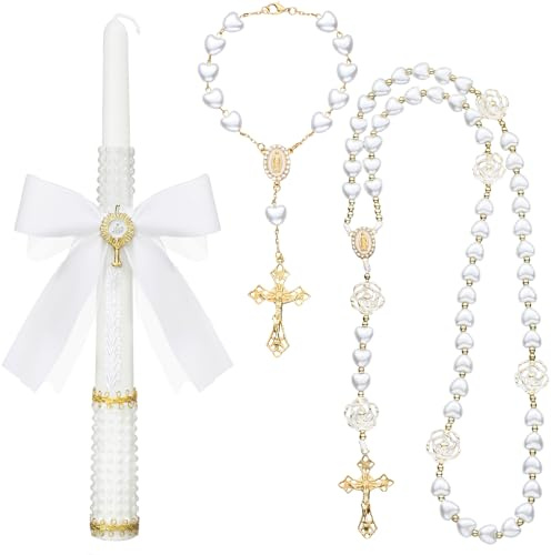 WILLBOND First Communion Baptism Gifts Set Tapers Candles Bracelets Cross Necklace with Rosary Beads Holy Communion Catholic Accessories for Christenings Favor Primera Comunion Christian Gift (Heart)