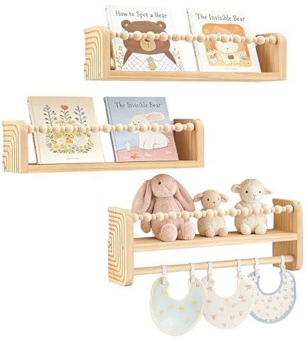 Eirolace Bücherregal Kinder Wand, 3er-Set Massivholz Schweberegale für Kinderzimmer, 40CM Wandregal Kinderzimmer, Holz Wandregal Schweberegale mit Holzhaken Ideal für Bücher und Spielzeug