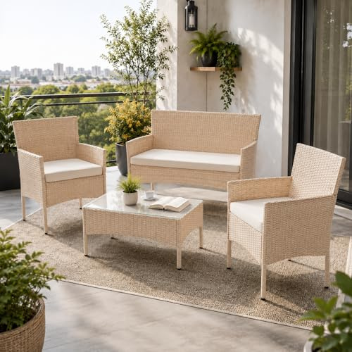 Juskys® Polyrattan Sitzgruppe Fort Myers Creme mit Sand Bezüge 4 Personen mit 2er Sofa, 2 Stühle, Tisch & Sitzkissen wetterfest Balkonmöbel Gartenmöbel Set