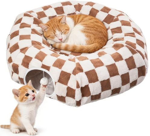 Katzentunnel, 2-in-1 Spieltunnel Katze und Katzenbett mit Hängendem Spielzeug, Katzentunnel XXL Große Katzen mit 2 Eingänge, Waschbares Kissen, Faltbarer Katzen Tunnel