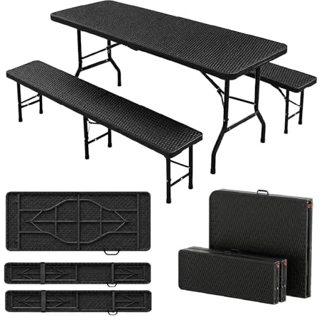 Crisalide® Juego de mesa con 2 bancos plegables efecto ratán negro, mesa de picnic de jardín de HDPE con cierre de maletín, juego de camping para exteriores, fiestas, barbacoa y pícnic, 180 x 75 cm