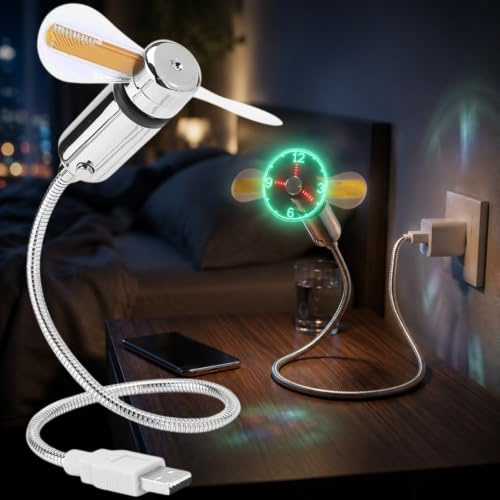 Générique Mini Ventilateur Horloge Led Avec Col De Cygne Flexible, Ventilateur d'Horloge Usb Led, Ventilateurs De Température Coloré Clignotant, Ventilateurs Créatif En Forme De Serpent