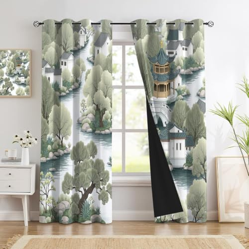 Tende per Interni Architettura Tradizionale Tenda Oscurante 117x137cm Tenda Termica Isolante Freddo Tendoni Pittura Paesaggistica Cinese con Occhielli per Camera Soggiorno Finestre, Verde Fagiolo