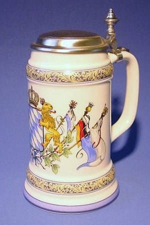 Zimmermann Bierseidel Bier-Krug Maßkrug mit Flachzinndeckel 1l Wappen mit Fahnen