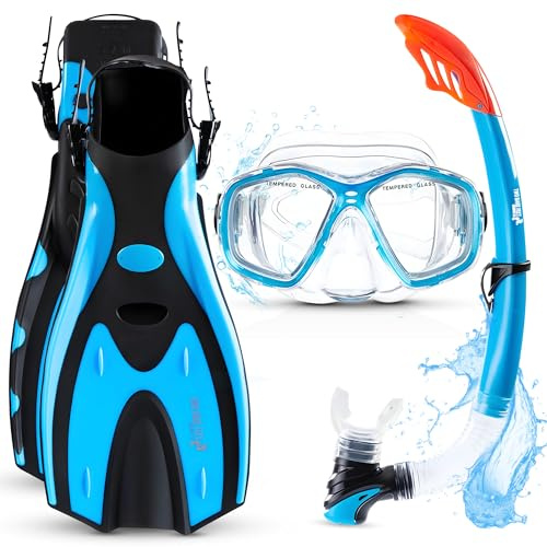 Two Bare Feet Snorkel, Mask and Fins/Flippers PVC Snorkelling Set (Adults) With Anti Fog and Wide View Mask, Anti-Leak, Tempered Glass - Scuba Dive Snorkelling Sets (L/XL (UK9-13), Aqua)
