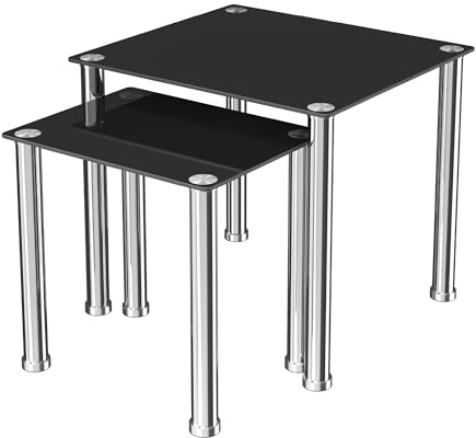 AVF Nesting Tables Set of 2 – Black Glass Side Tables with Chrome Legs – Modern Lightweight End Tables for Living Room – Easy to Assemble Lamp or Coffee Tables – Model T32