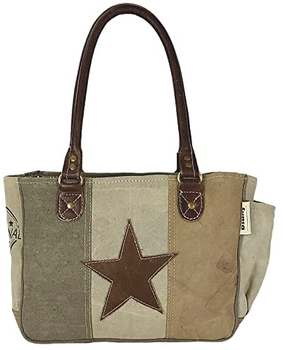 Sunsa Damen Handtasche. Vintage Schultertasche mit Stern. Kleine Canvas Tasche. Handgelenktasche mit Leder Henkel.