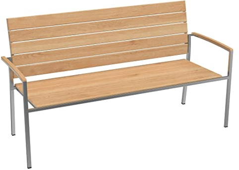 OUTLIV. Gartenbank Pamplona aus Edelstahl/Teakholz, 3-Sitzer, wetterfest, modern, vollmontiert, belastbar bis 240 kg, 150x55x85 cm, Silber/Natur