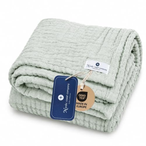 nordic coast company Musselin Decke Baby – Musselindecke | Krabbeldecke Neugeborene – 100% Baumwolle, 4-lagig, Spucktuch, Stilltuch – Baby Erstausstattung Neugeborene (Mint Grün)