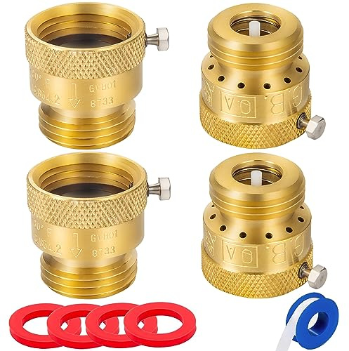 Breezliy 4-Pack Brass Vacuum Breaker Set 3/4 Anti-Siphon Hose Bib Valve for Garden Spigot RV Hose Connection Backflow Preventer Connector with Tape and Extra washers