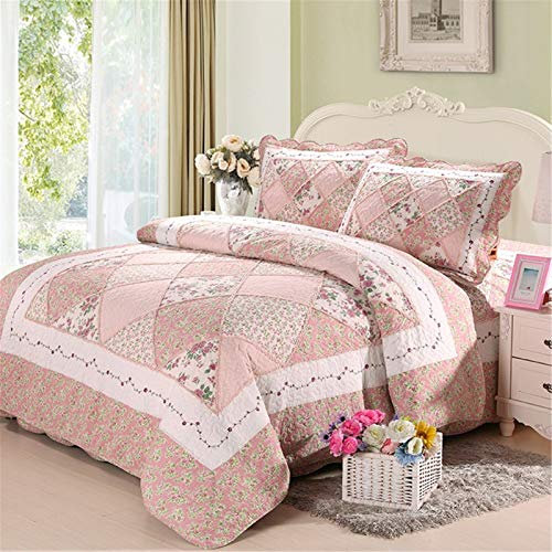 Couvre-lit matelassé Patchwork 3 pièces Super King Size Coton Shabby Chic Rose Floral en Relief lit Couvre-lit Ensemble de literie avec taies d'oreiller et Fermeture éclair,230×250cm(91×98in)