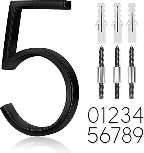 12,7 cm flytande husnummer i rostfritt stål, moderna husnummer i metall, trädgårdsdörr, postlåda, dekornummer med nagelkit, belagd svart, 911 synlighetsskyltar (5)