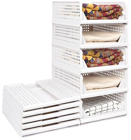 OSTWOLKE Kleiderschrank Organizer Stapelbare 5er Set, Faltbar Schrank Organizer, Wardrobe T-shirt Aufbewahrungsboxen, Schubladen Aufbewahrungsbox für Schlafzimmer, Küche, Badezimmer Weiß