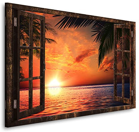 Kunstgestalten24 Leinwandbild Sonnenuntergang Fensterblick Wandbild Kunstdruck Deko XXL