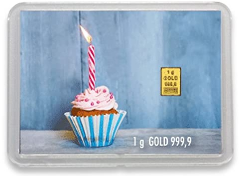 Goldstücke24 - Goldbarren 1g – Geschenk Motivbox Muffin “Happy Birthday” Tolle Geschenkidee - Feingold 999,9