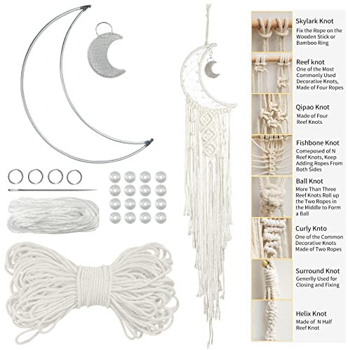 LEREATI DIY Makramee Set für Anfänger, Mond Traumfänger Bastelset Erwachsene, Wandbehänge Dekoration Ornament Zubehör Set Enthält Makramee Garn 3mm, Metall Ringe, Perlen (Natur)