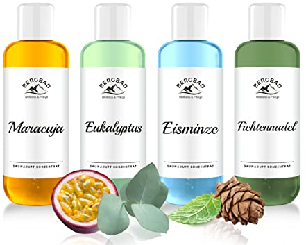 BERGBAD 4 x 250ml Saunaaufguss, wohltuendes, erfrischendes Sauna-Aufgussmittel ohne Alkohol - kein Gefahrgut, perfekt für Reisen oder sensible wie Heimsauna Umgebung da nicht brennbar