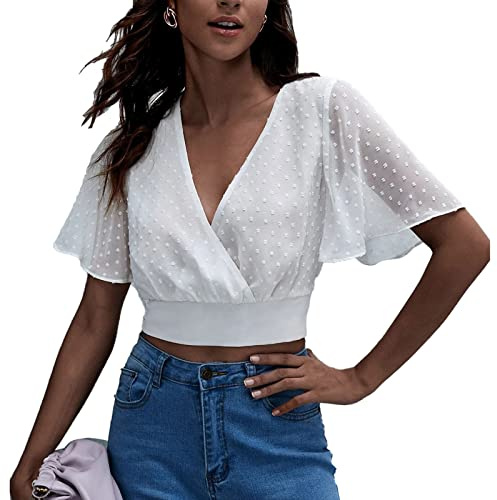 Dam v-ringad blus polka prickar crop top kortärmad chiffong toppar volanger schweiziska prickar blus sommarblus skjorta topp tunika toppar sexiga skjortor, Vit, M