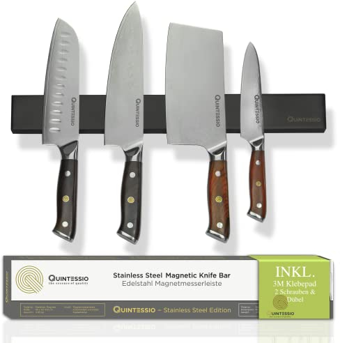 QUINTESSIO - Magnetleiste Messer Edelstahl - Magnet Messerhalter selbstklebend oder zum Bohren - Messerhalter magnetisch 40 cm - Messer Magnetleiste Küche - Messerleiste magnetisch - Schwarz