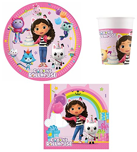 Procos PRO10245291DY - Set da festa S Gabby's Dollhouse, 52 pezzi, piatti, tazze, tovaglioli, stoviglie usa e getta, set da tavola